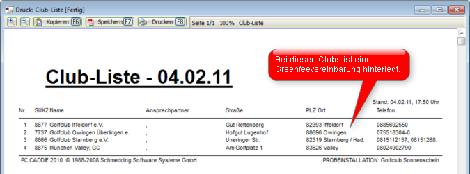 }

==== Auswahl nach LGV ====

Oder Sie wünschen sich eine Liste einer bestimmen Landesgruppe. Nutzen Sie hierzu das Feld //**und dieser LGV.**// Tragen Sie die Kürzel der Landesgolfverbände ein.
Wenn Sie mehrere Landesgolfverbände gleichzeitig drucken wollen, so geben Sie diese mit "Komma" ein, z.B: BAY,BW für Bayern und Baden-Württemberg. 

^LGV^Landesgolfverband^
^BW|Baden-Württembergischer Golfverband e.V.|
^BAY|Bayerischer Golf Verband e.V.|
^BER|Golfverband Berlin-Brandenburg e.V.|
^HAM|Hamburger Golf-Verband e.V.|
^HES|Hessischer Golf-Verband e.V.|
^M/V|Golfverband Mecklenburg-Vorpommern e.V.|
^NIE|Golf-Verband Niedersachsen/Bremen e.V.|
^NRW|Golfverband Nordrhein-Westfalen e.V. |
^RP|Golfverband Rheinland-Pfalz/Saarland e.V. |
^AN|Landes Golf Verband Sachsen-Anhalt e.V.|
^TH|Golfverband Sachsen und Thüringen e.V.|
^SH|Golfverband Schleswig-Holstein e.V.|

Für den LGV Schleswig-Holstein erhalten Sie mit SH folgende Liste:

{{:de:einstellungen:clubsundplaetze:drucken:clubliste_shk.png|